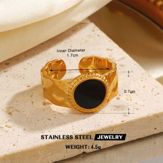 Picture of Wholesale Women's Gift Black Enamel Open Adjustable Rings, 18K Gold Plated 304 Stainless Steel, Eco-friendly PVD Hip-Hop Stylish Jewelry Supply, 17mm(US Size 6.5), 1 Piece