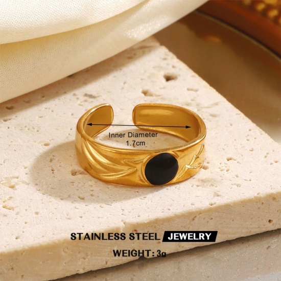 Picture of Wholesale Women's Gift Black Enamel Open Adjustable Rings, 18K Gold Plated 304 Stainless Steel, Eco-friendly PVD Hip-Hop Stylish Jewelry Supply, 17mm(US Size 6.5), 1 Piece