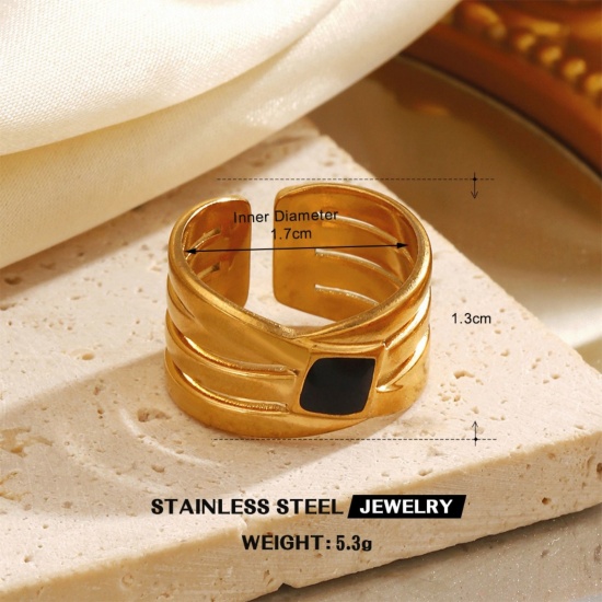 Picture of Wholesale Women's Gift Black Enamel Open Adjustable Rings, 18K Gold Plated 304 Stainless Steel, Eco-friendly PVD Hip-Hop Stylish Jewelry Supply, 17mm(US Size 6.5), 1 Piece