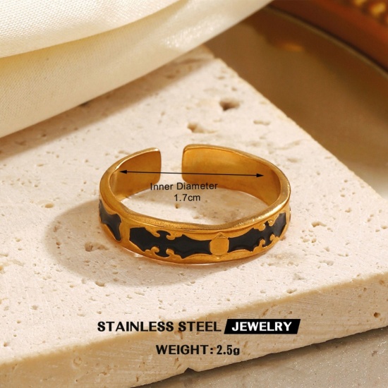 Picture of Wholesale Women's Gift Black Enamel Open Adjustable Rings, 18K Gold Plated 304 Stainless Steel, Eco-friendly PVD Hip-Hop Stylish Jewelry Supply, 17mm(US Size 6.5), 1 Piece
