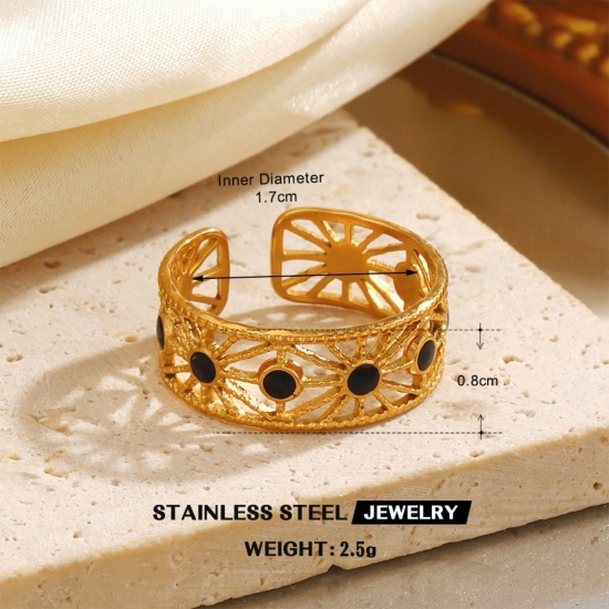 Picture of Wholesale Women's Gift Black Enamel Open Adjustable Rings, 18K Gold Plated 304 Stainless Steel, Eco-friendly PVD Hip-Hop Stylish Jewelry Supply, 17mm(US Size 6.5), 1 Piece