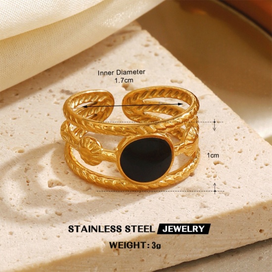 Picture of Wholesale Women's Gift Black Enamel Open Adjustable Rings, 18K Gold Plated 304 Stainless Steel, Eco-friendly PVD Hip-Hop Stylish Jewelry Supply, 17mm(US Size 6.5), 1 Piece
