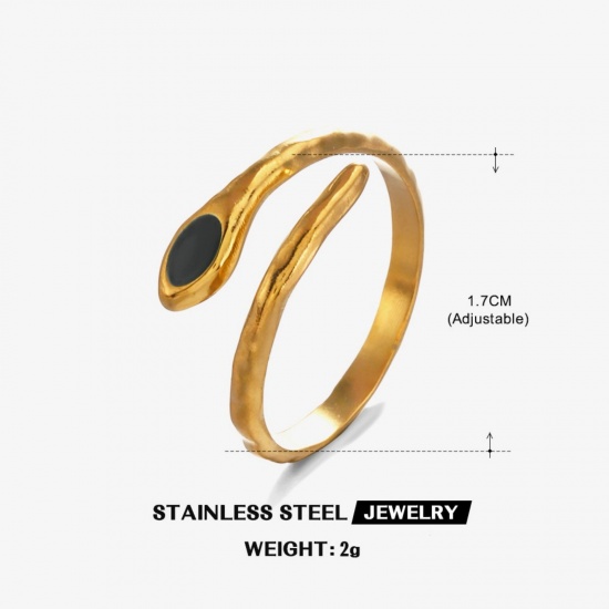 Picture of Wholesale Women's Gift Snake Animal Black Enamel Open Adjustable Wrap Rings, 18K Gold Plated 304 Stainless Steel, Eco-friendly PVD Exquisite Stylish Jewelry Supply, 17mm(US Size 6.5), 1 Piece