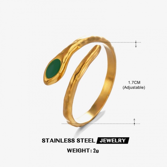 Picture of Wholesale Women's Gift Snake Animal Green Enamel Open Adjustable Wrap Rings, 18K Gold Plated 304 Stainless Steel, Eco-friendly PVD Exquisite Stylish Jewelry Supply, 17mm(US Size 6.5), 1 Piece