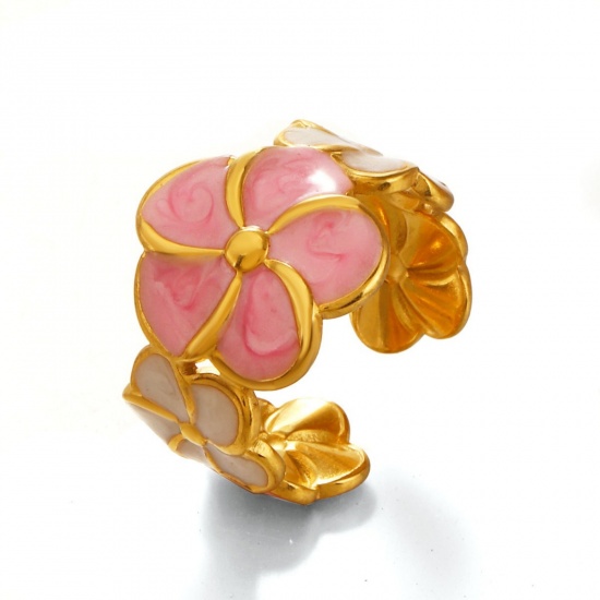 Picture of Wholesale Women's Gift Flower Pink Enamel Open Adjustable Rings, 18K Gold Plated 304 Stainless Steel, Eco-friendly PVD Pastoral Style Stylish Jewelry Supply, 17mm(US Size 6.5), 1 Piece