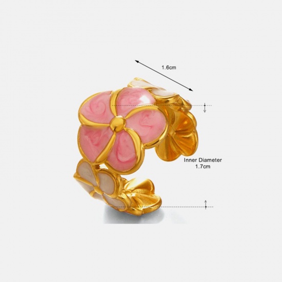 Picture of Wholesale Women's Gift Flower Pink Enamel Open Adjustable Rings, 18K Gold Plated 304 Stainless Steel, Eco-friendly PVD Pastoral Style Stylish Jewelry Supply, 17mm(US Size 6.5), 1 Piece