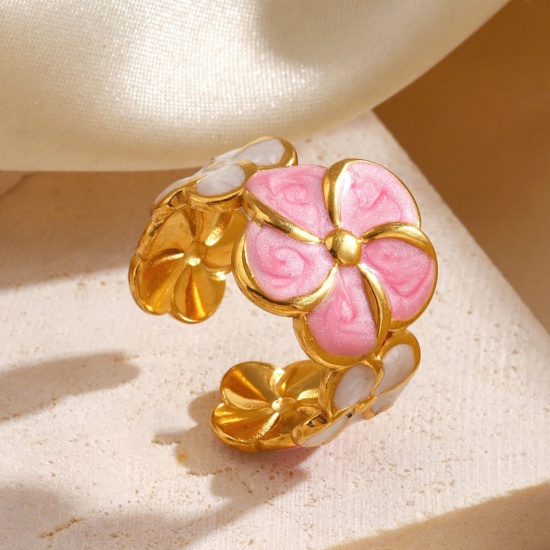 Picture of Wholesale Women's Gift Flower Pink Enamel Open Adjustable Rings, 18K Gold Plated 304 Stainless Steel, Eco-friendly PVD Pastoral Style Stylish Jewelry Supply, 17mm(US Size 6.5), 1 Piece