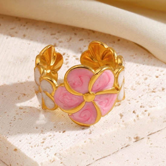 Picture of Wholesale Women's Gift Flower Pink Enamel Open Adjustable Rings, 18K Gold Plated 304 Stainless Steel, Eco-friendly PVD Pastoral Style Stylish Jewelry Supply, 17mm(US Size 6.5), 1 Piece