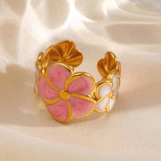 Picture of Wholesale Women's Gift Flower Pink Enamel Open Adjustable Rings, 18K Gold Plated 304 Stainless Steel, Eco-friendly PVD Pastoral Style Stylish Jewelry Supply, 17mm(US Size 6.5), 1 Piece
