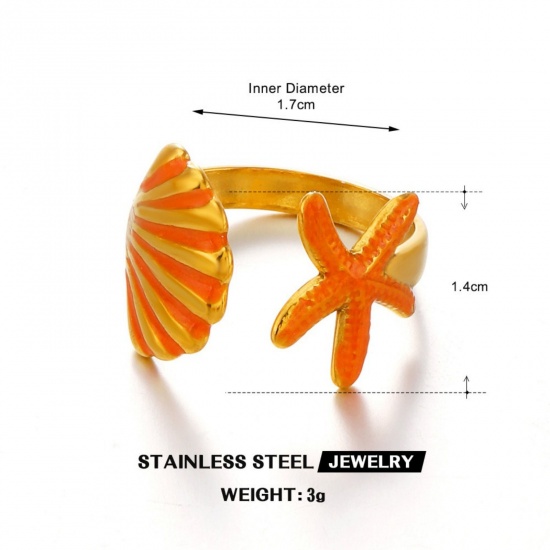 Picture of Wholesale Women's Gift Shell Star Fish Orange Enamel Open Adjustable Rings, 18K Gold Plated 304 Stainless Steel, Eco-friendly PVD Ocean Jewelry Stylish Jewelry Supply, 17mm(US Size 6.5), 1 Piece