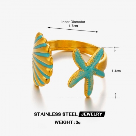 Picture of Wholesale Women's Gift Shell Star Fish Green Blue Enamel Open Adjustable Rings, 18K Gold Plated 304 Stainless Steel, Eco-friendly PVD Ocean Jewelry Stylish Jewelry Supply, 17mm(US Size 6.5), 1 Piece