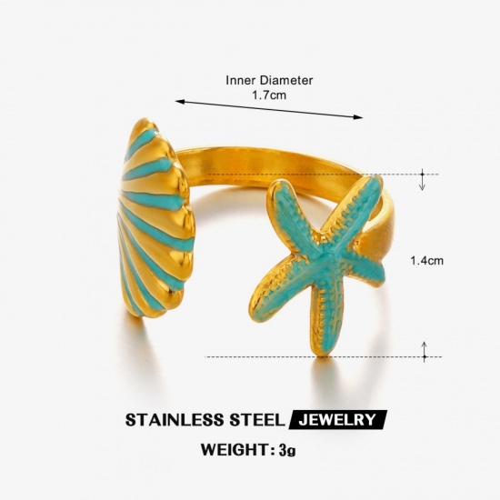 Picture of Wholesale Women's Gift Shell Star Fish Green Blue Enamel Open Adjustable Rings, 18K Gold Plated 304 Stainless Steel, Eco-friendly PVD Ocean Jewelry Stylish Jewelry Supply, 17mm(US Size 6.5), 1 Piece