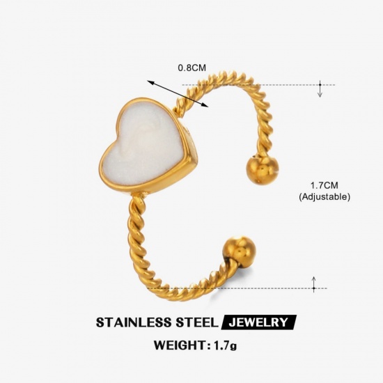Imagen de Mujeres Regalo Corazón Blanco Esmalte Abierto Ajustable Anillos Al Por Mayor, Chapado en Oro de 18K 304 Acero Inoxidable, PVD Ecológico día de San Valentín Elegante Suministro de Joyería, 17mm (US size 6.5), 1 Unidad
