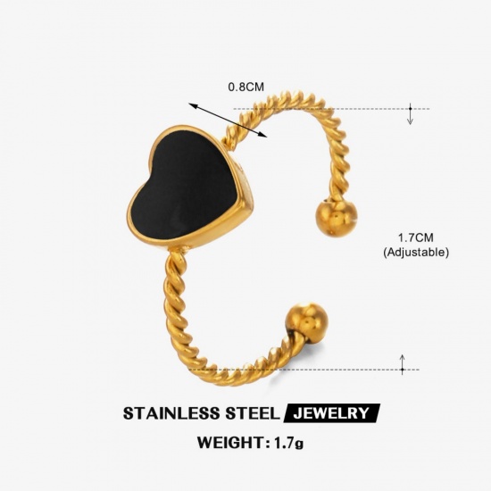 Imagen de Mujeres Regalo Corazón Negro Esmalte Abierto Ajustable Anillos Al Por Mayor, Chapado en Oro de 18K 304 Acero Inoxidable, PVD Ecológico día de San Valentín Elegante Suministro de Joyería, 17mm (US size 6.5), 1 Unidad