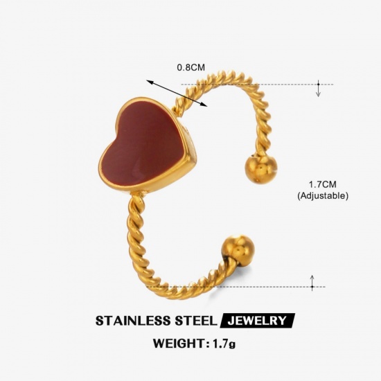 Imagen de Mujeres Regalo Corazón Rojo Esmalte Abierto Ajustable Anillos Al Por Mayor, Chapado en Oro de 18K 304 Acero Inoxidable, PVD Ecológico día de San Valentín Elegante Suministro de Joyería, 17mm (US size 6.5), 1 Unidad