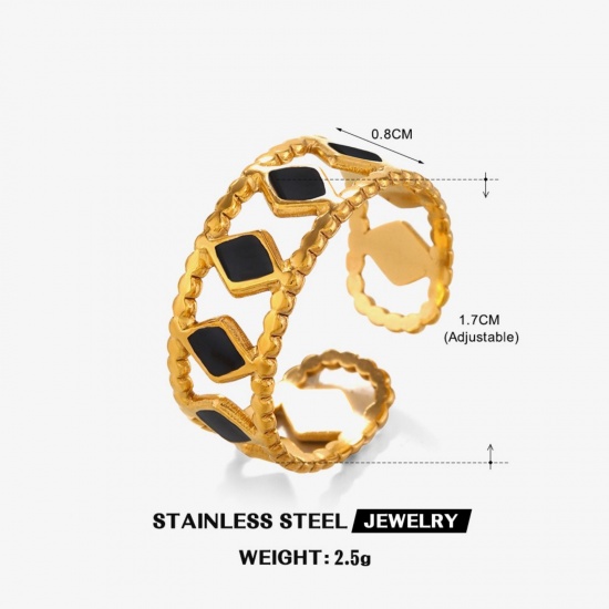 Picture of Wholesale Women's Gift Rhombus Black Enamel Open Adjustable Rings, 18K Gold Plated 304 Stainless Steel, Eco-friendly PVD Simple Stylish Jewelry Supply, 17mm(US Size 6.5), 1 Piece