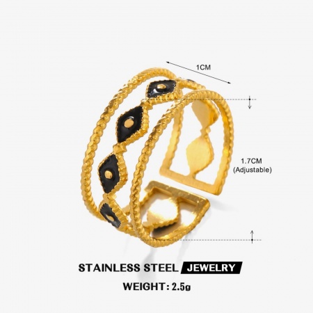 Image de Bagues En Gros Plaqué Or 18K en 304 Acier Inoxydable, aux Femmes Cadeau Yeux Noir Émail Ouvert Ajoustable PVD Écologique Simple À la Mode Fournitures de Bijoux 17mm (Taille d'US 6.5), 1 Pièce