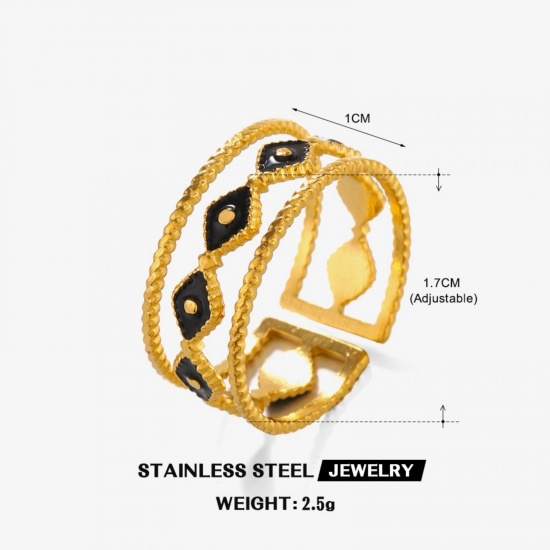Picture of Wholesale Women's Gift Eye Black Enamel Open Adjustable Rings, 18K Gold Plated 304 Stainless Steel, Eco-friendly PVD Simple Stylish Jewelry Supply, 17mm(US Size 6.5), 1 Piece