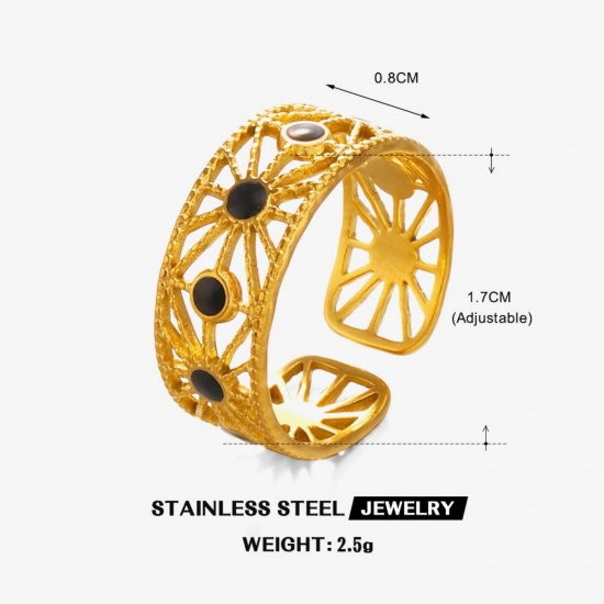 Picture of Wholesale Women's Gift Sun Black Enamel Open Adjustable Rings, 18K Gold Plated 304 Stainless Steel, Eco-friendly PVD Simple Stylish Jewelry Supply, 17mm(US Size 6.5), 1 Piece