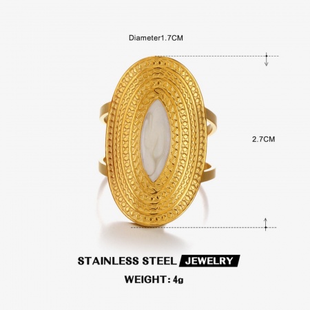 Imagen de Mujeres Regalo Óvalo Blanco Esmalte Abierto Ajustable Anillos Al Por Mayor, Chapado en Oro de 18K 304 Acero Inoxidable, PVD Ecológico Hip-Hop Elegante Suministro de Joyería, 17mm (US size 6.5), 1 Unidad