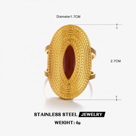 Picture of Wholesale Women's Gift Oval Red Enamel Open Adjustable Rings, 18K Gold Plated 304 Stainless Steel, Eco-friendly PVD Hip-Hop Stylish Jewelry Supply, 17mm(US Size 6.5), 1 Piece