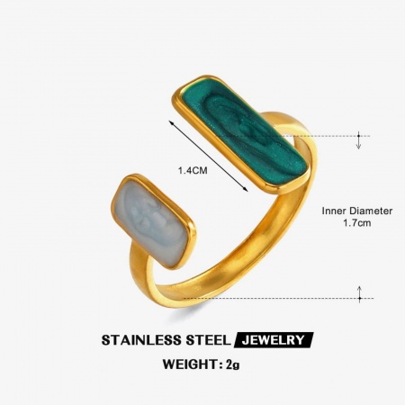Picture of Wholesale Women's Gift Rectangle Dark Green Enamel Open Adjustable Rings, 18K Gold Plated 304 Stainless Steel, Eco-friendly PVD Retro Stylish Jewelry Supply, 17mm(US Size 6.5), 1 Piece