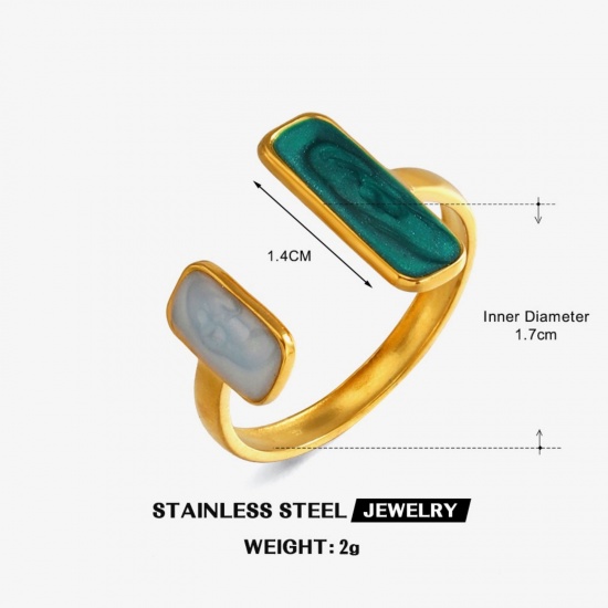 Immagine di Donne Regalo Rettangolo Verde Scuro Smalto Aperto Regolabile Anello All'Ingrosso, Placcato Oro 18K 304 Acciaio Inossidabile, PVD Ecologica Retrò Elegante Fornitura di Gioielli, 17mm (taglia di US: 6.5), 1 Pz