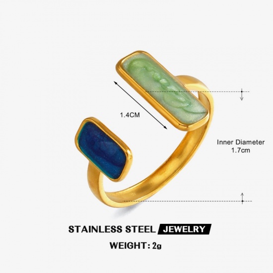 Immagine di Donne Regalo Rettangolo Verde Chiaro Smalto Aperto Regolabile Anello All'Ingrosso, Placcato Oro 18K 304 Acciaio Inossidabile, PVD Ecologica Retrò Elegante Fornitura di Gioielli, 17mm (taglia di US: 6.5), 1 Pz