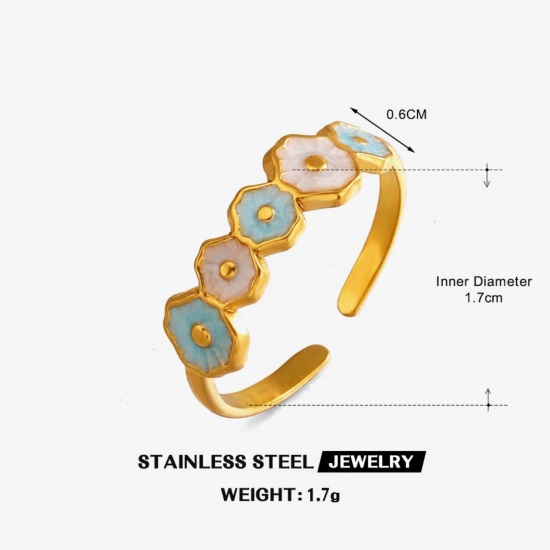 Picture of Wholesale Women's Gift Flower White & Blue Enamel Open Adjustable Rings, 18K Gold Plated 304 Stainless Steel, Eco-friendly PVD Cute Stylish Jewelry Supply, 17mm(US Size 6.5), 1 Piece