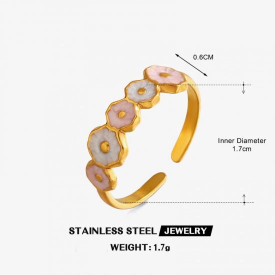 Picture of Wholesale Women's Gift Flower White & Pink Enamel Open Adjustable Rings, 18K Gold Plated 304 Stainless Steel, Eco-friendly PVD Cute Stylish Jewelry Supply, 17mm(US Size 6.5), 1 Piece