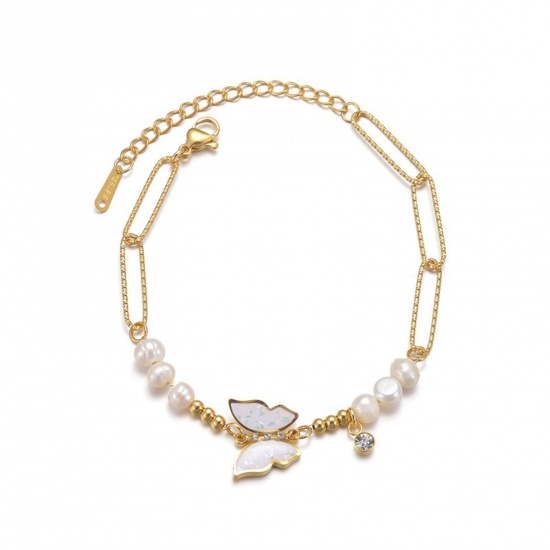 Immagine di Farfalla Bianco Smalto Acciaio Inossidabile 304 & Perla Naturale Catena a Graffetta Braccialetti con Perline All'Ingrosso, Placcato Oro 18K PVD Ecologica, Donne Squisito Elegante Regalo Fornitura di Gioielli, 17.5cm + 5cm Lunghezza, 1 Pz