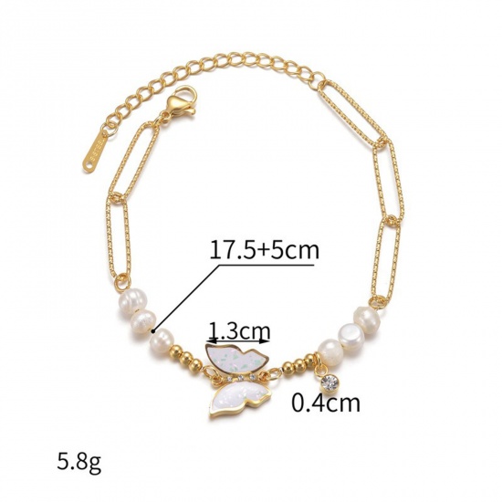 Immagine di Farfalla Bianco Smalto Acciaio Inossidabile 304 & Perla Naturale Catena a Graffetta Braccialetti con Perline All'Ingrosso, Placcato Oro 18K PVD Ecologica, Donne Squisito Elegante Regalo Fornitura di Gioielli, 17.5cm + 5cm Lunghezza, 1 Pz