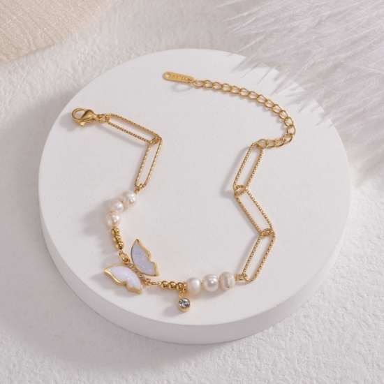 Immagine di Farfalla Bianco Smalto Acciaio Inossidabile 304 & Perla Naturale Catena a Graffetta Braccialetti con Perline All'Ingrosso, Placcato Oro 18K PVD Ecologica, Donne Squisito Elegante Regalo Fornitura di Gioielli, 17.5cm + 5cm Lunghezza, 1 Pz