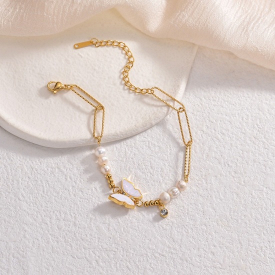 Immagine di Farfalla Bianco Smalto Acciaio Inossidabile 304 & Perla Naturale Catena a Graffetta Braccialetti con Perline All'Ingrosso, Placcato Oro 18K PVD Ecologica, Donne Squisito Elegante Regalo Fornitura di Gioielli, 17.5cm + 5cm Lunghezza, 1 Pz
