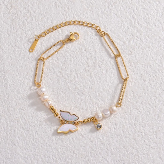 Immagine di Farfalla Bianco Smalto Acciaio Inossidabile 304 & Perla Naturale Catena a Graffetta Braccialetti con Perline All'Ingrosso, Placcato Oro 18K PVD Ecologica, Donne Squisito Elegante Regalo Fornitura di Gioielli, 17.5cm + 5cm Lunghezza, 1 Pz