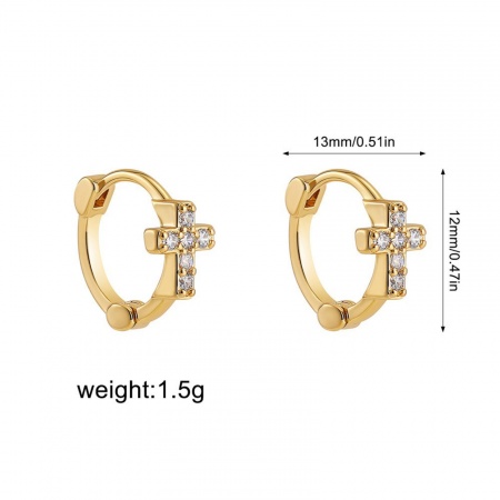 Picture of Wholesale Religious Stylish Huggie Hoop Earrings, Cross Clear Cubic Zirconia 18K Gold Plated 304 Stainless Steel, Women's Eco-friendly PVD Gift Jewelry Supply, 13mm x 12mm, 1 Pair