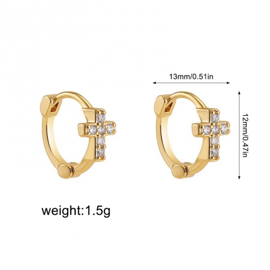 Picture of Wholesale Religious Stylish Huggie Hoop Earrings, Cross Clear Cubic Zirconia 18K Gold Plated 304 Stainless Steel, Women's Eco-friendly PVD Gift Jewelry Supply, 13mm x 12mm, 1 Pair