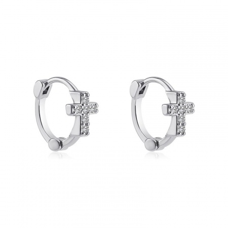 Picture of Wholesale Religious Stylish Huggie Hoop Earrings, Cross Clear Cubic Zirconia Silver Tone 304 Stainless Steel, Women's Eco-friendly Gift Jewelry Supply, 13mm x 12mm, 1 Pair