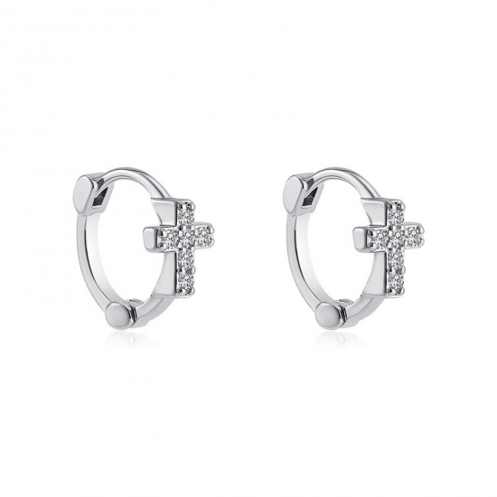 Picture of Wholesale Religious Stylish Huggie Hoop Earrings, Cross Clear Cubic Zirconia Silver Tone 304 Stainless Steel, Women's Eco-friendly Gift Jewelry Supply, 13mm x 12mm, 1 Pair