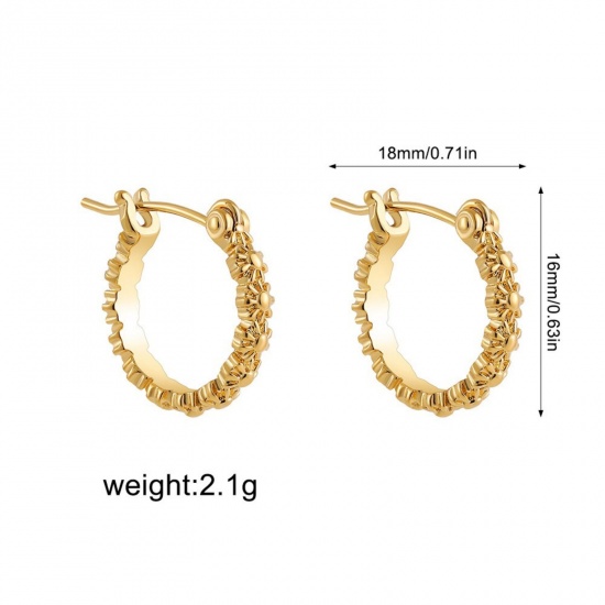 Picture of Wholesale Exquisite Stylish Huggie Hoop Earrings, Flower 18K Gold Plated 304 Stainless Steel, Women's Eco-friendly PVD Gift Jewelry Supply, 18mm x 16mm, 1 Pair