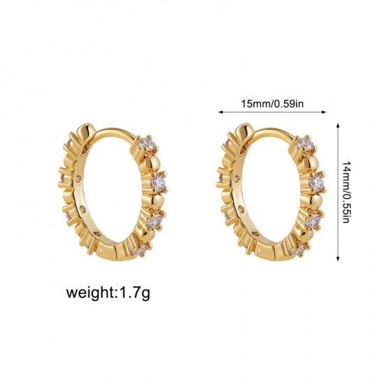 Picture of Wholesale Exquisite Stylish Huggie Hoop Earrings, Clear Cubic Zirconia 18K Gold Plated 304 Stainless Steel, Women's Eco-friendly PVD Gift Jewelry Supply, 15mm x 14mm, 1 Pair