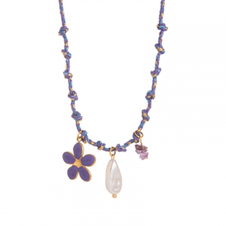 Picture of Wholesale Flower Purple Station Necklace, 18K Gold Plated 304 Stainless Steel & Polyester Braided Cord, Women's Eco-friendly PVD Exquisite Stylish Gift Jewelry For Retailer, 40cm(15.7") + 5cm(2") long, 1 Piece