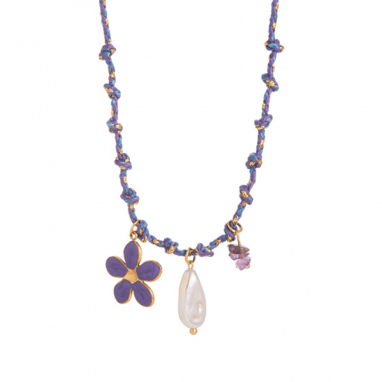 Picture of Wholesale Flower Purple Station Necklace, 18K Gold Plated 304 Stainless Steel & Polyester Braided Cord, Women's Eco-friendly PVD Exquisite Stylish Gift Jewelry For Retailer, 40cm(15.7") + 5cm(2") long, 1 Piece
