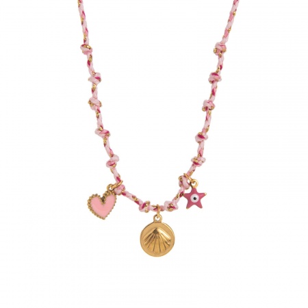 Picture of Wholesale Shell Pink Station Necklace, 18K Gold Plated 304 Stainless Steel & Polyester Braided Cord, Women's Eco-friendly PVD Ocean Jewelry Stylish Gift Jewelry For Retailer, 40cm(15.7") + 5cm(2") long, 1 Piece