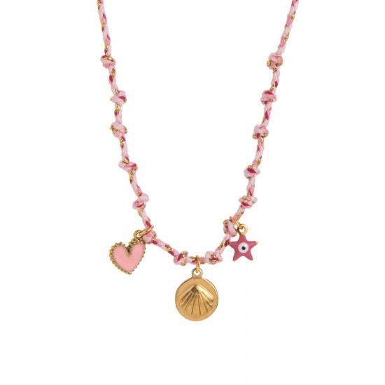 Picture of Wholesale Shell Pink Station Necklace, 18K Gold Plated 304 Stainless Steel & Polyester Braided Cord, Women's Eco-friendly PVD Ocean Jewelry Stylish Gift Jewelry For Retailer, 40cm(15.7") + 5cm(2") long, 1 Piece