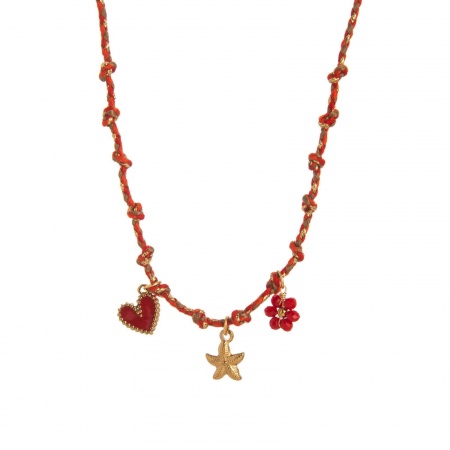 Picture of Wholesale Starfish Red Station Necklace, 18K Gold Plated 304 Stainless Steel & Polyester Braided Cord, Women's Eco-friendly PVD Ocean Jewelry Stylish Gift Jewelry For Retailer, 40cm(15.7") + 5cm(2") long, 1 Piece