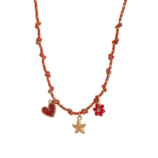 Picture of Wholesale Starfish Red Station Necklace, 18K Gold Plated 304 Stainless Steel & Polyester Braided Cord, Women's Eco-friendly PVD Ocean Jewelry Stylish Gift Jewelry For Retailer, 40cm(15.7") + 5cm(2") long, 1 Piece