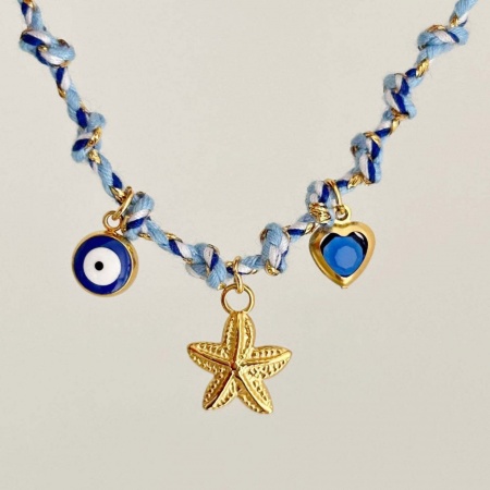 Picture of Wholesale Starfish Blue Station Necklace, 18K Gold Plated 304 Stainless Steel & Polyester Braided Cord, Women's Eco-friendly PVD Ocean Jewelry Stylish Gift Jewelry For Retailer, 40cm(15.7") + 5cm(2") long, 1 Piece