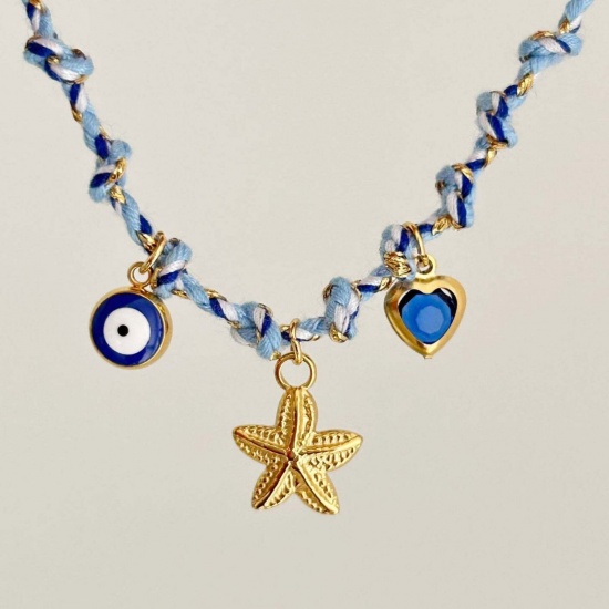 Picture of Wholesale Starfish Blue Station Necklace, 18K Gold Plated 304 Stainless Steel & Polyester Braided Cord, Women's Eco-friendly PVD Ocean Jewelry Stylish Gift Jewelry For Retailer, 40cm(15.7") + 5cm(2") long, 1 Piece