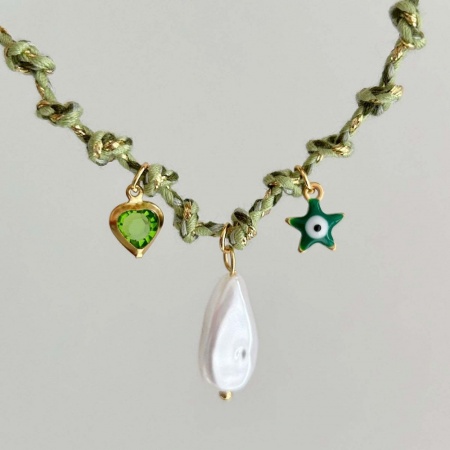 Picture of Wholesale Heart Green Station Necklace, 18K Gold Plated 304 Stainless Steel & Polyester Braided Cord, Women's Eco-friendly PVD Valentine's Day Stylish Gift Jewelry For Retailer, 40cm(15.7") + 5cm(2") long, 1 Piece